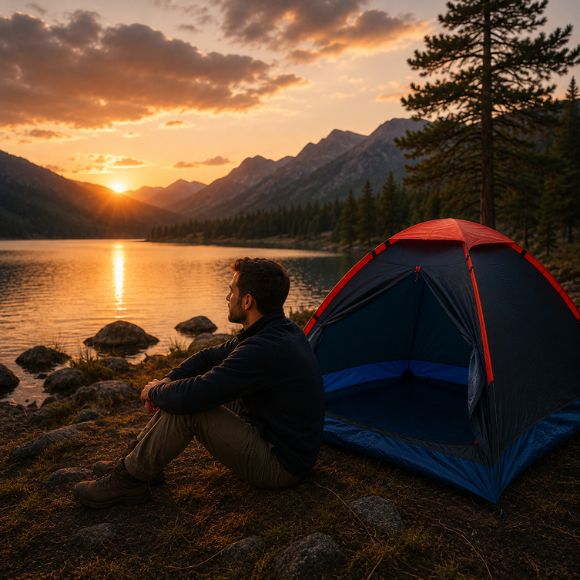 Tente de camping 1 couche installée au bord d’un lac de montagne avec un randonneur assis à côté, admirant le coucher du soleil dans un paysage naturel paisible.