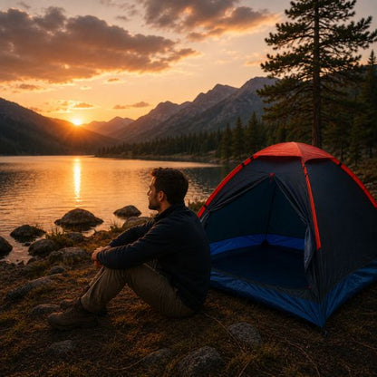 Tente de camping 1 couche installée au bord d’un lac de montagne avec un randonneur assis à côté, admirant le coucher du soleil dans un paysage naturel paisible.