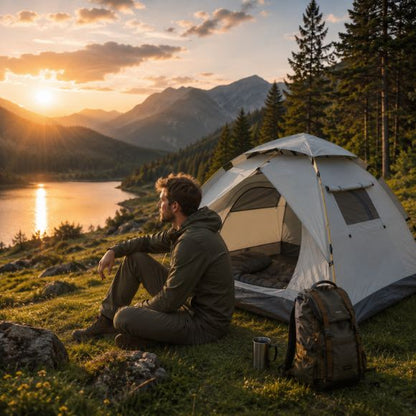 Tente de camping avec un randonneur expérimenté profitant d’un moment de détente près de son campement, contemplant un magnifique coucher de soleil sur les montagnes et le lac en pleine nature.