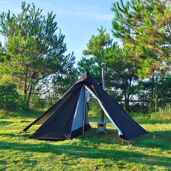 Tente camping Tente de camping tipi ouverte avec auvent et poêle à bois pour le bivouac et les aventures en extérieur