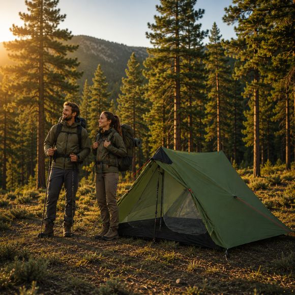Tente camping Trek Évasion avec un homme et une femme en tenue de randonnée devant leur campement en forêt au coucher du soleil