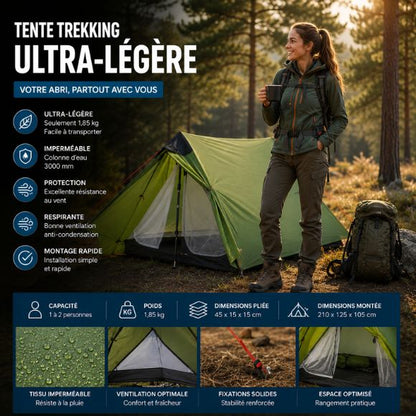 Tente camping trekking Aurore Nomade avec randonneuse souriante tenant un café près du campement en forêt, idéale pour les aventures en pleine nature