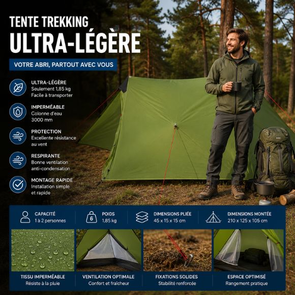 Tente camping trekking ultra-légère avec randonneur souriant tenant un café près du campement en forêt, idéale pour les aventures en pleine nature