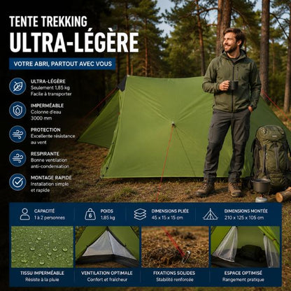 Tente camping trekking ultra-légère avec randonneur souriant tenant un café près du campement en forêt, idéale pour les aventures en pleine nature