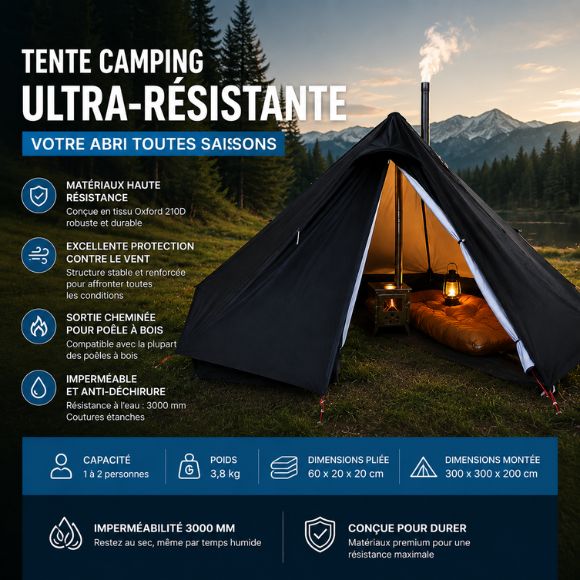 Tente camping ultra-résistante avec sortie pour poêle à bois, installée au bord d’un lac pour le camping quatre saisons et le bivouac