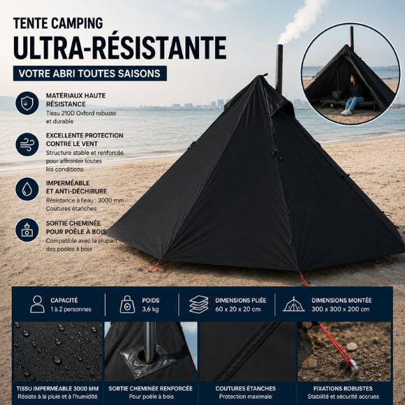 Tente camping ultra-résistante avec sortie pour poêle à bois, abri 4 saisons imperméable et coupe-vent pour aventures en plein air.