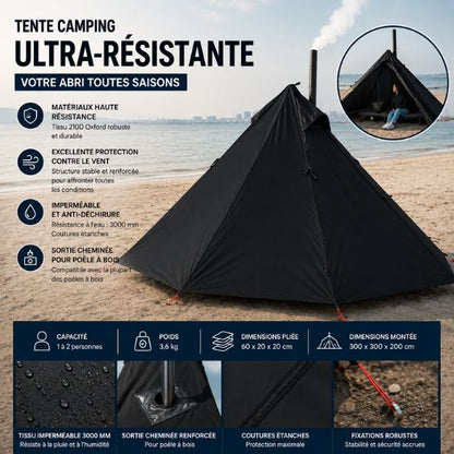 Tente camping ultra-résistante avec sortie pour poêle à bois, abri 4 saisons imperméable et coupe-vent pour aventures en plein air.