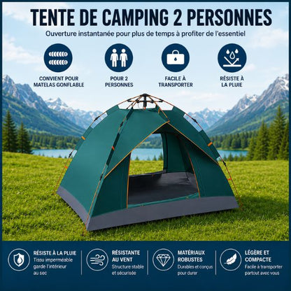 Tente de camping 2 personnes automatique avec ouverture rapide, résistante à la pluie et au vent, légère et compacte, idéale pour le camping, la randonnée et les escapades en pleine nature.