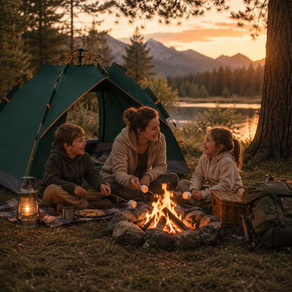 Tente de camping 2 personnes installée au bord d’un lac avec une femme et deux enfants profitant d’un moment chaleureux autour d’un feu de camp au coucher du soleil dans un décor naturel paisible.