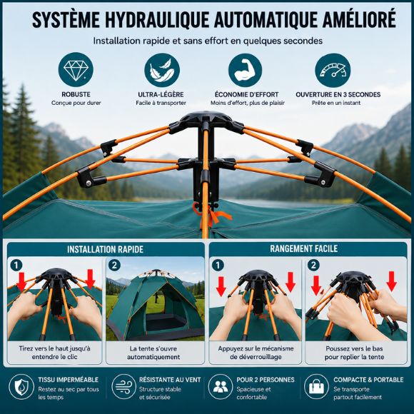 Tente de camping 2 personnes avec système hydraulique automatique, ouverture rapide en quelques secondes, structure robuste et légère, idéale pour le camping, la randonnée et les escapades en plein air.