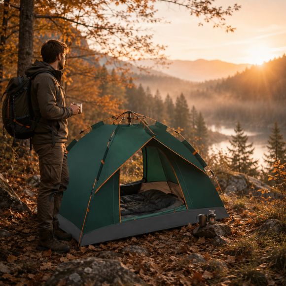 Tente de camping 2 personnes installée en forêt lors d’un matin d’automne, avec un randonneur en tenue de trekking admirant le lever du soleil dans un paysage naturel paisible.