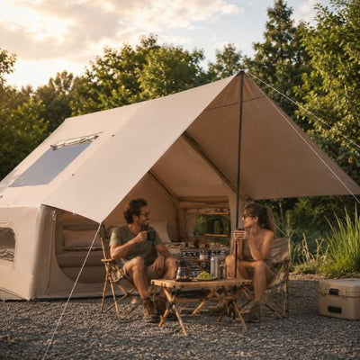 Tente gonflable familiale Lodge Horizon XL Couple en tenue de randonnée
