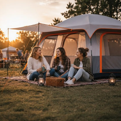 Tente gonflable spacieuse AirCamp Prestige installée en camping.
