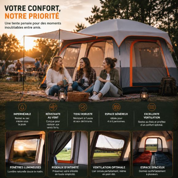 Tente gonflable spacieuse installée en camping avec trois amies souriantes profitant d’un moment convivial en plein air, offrant confort, ventilation optimale et espace généreux pour des vacances nature réussies.