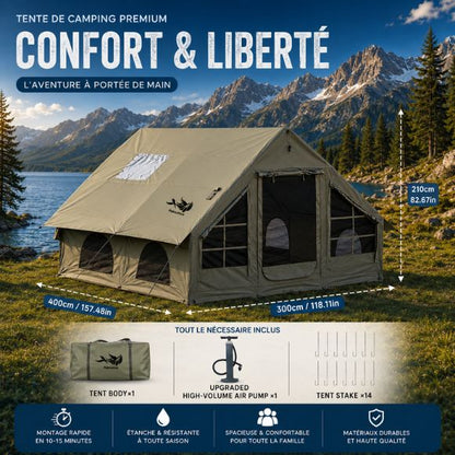 Tente gonflable familiale premium 4 à 6 personnes installée au bord d’un lac en montagne, avec dimensions affichées et accessoires inclus pour le camping en plein air.