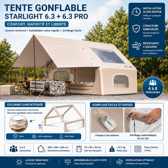 Tente gonflable familiale 4 à 8 places Starlight Pro avec auvent renforcé, installation rapide, structure gonflable intégrée et grand espace de vie pour le camping en famille.