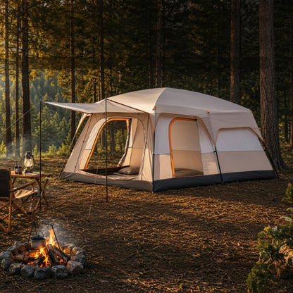 Tente gonflable familiale AirCamp Prestige installée en pleine forêt