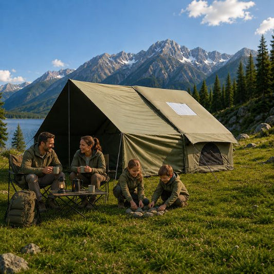 Tente gonflable familiale Family Lodge XL installée en montagne.