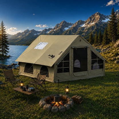 Tente gonflable familiale  Family Lodge XL installée au bord d’un lac.