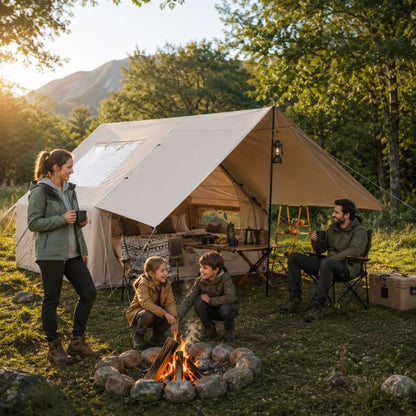 Tente gonflable familiale Lodge Horizon XL avec grand auvent.