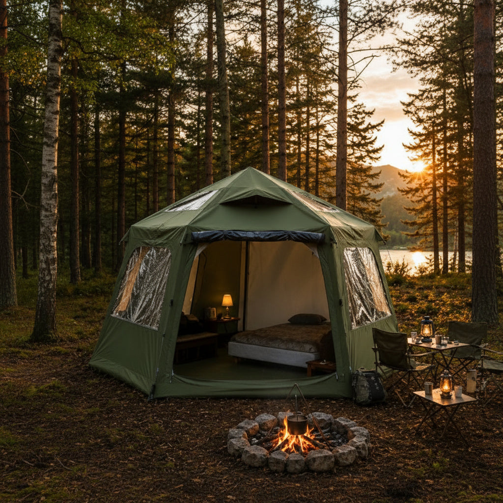 Tente gonflable familiale Refuge Express installée en forêt