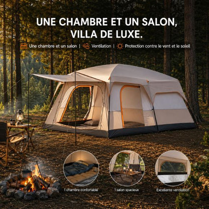 Tente gonflable familiale installée en pleine forêt, avec espace chambre et salon, offrant confort, ventilation optimale et protection contre le vent et le soleil pour des séjours camping en pleine nature.