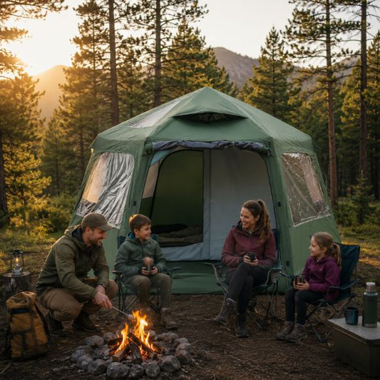 Tente gonflable familiale installée en forêt avec deux adultes et deux enfants habillés en randonnée, profitant d’un feu de camp dans une ambiance chaleureuse et conviviale lors d’un séjour camping en pleine nature.