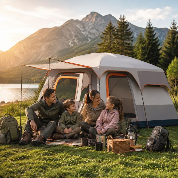 Tente gonflable familiale de camping installée au bord d'un lac de montagne, avec un couple et deux enfants habillés en tenue de randonnée, profitant d'un moment convivial au coucher du soleil dans un cadre naturel.