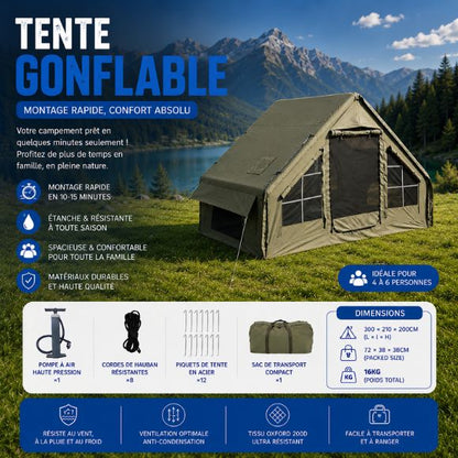 Tente gonflable familiale 4 à 6 personnes avec montage rapide, tissu Oxford imperméable et grand espace de vie pour le camping en plein air.