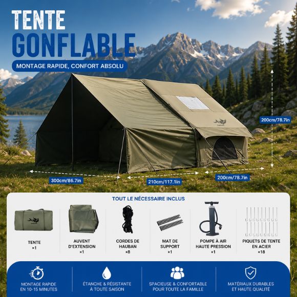 Tente gonflable familiale 4 à 6 personnes installée en pleine nature, montage rapide en 15 minutes, camping tout confort avec structure résistante et espace généreux pour les aventures en plein air.