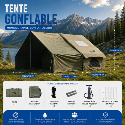 Tente gonflable familiale 4 à 6 personnes installée en pleine nature, montage rapide en 15 minutes, camping tout confort avec structure résistante et espace généreux pour les aventures en plein air.