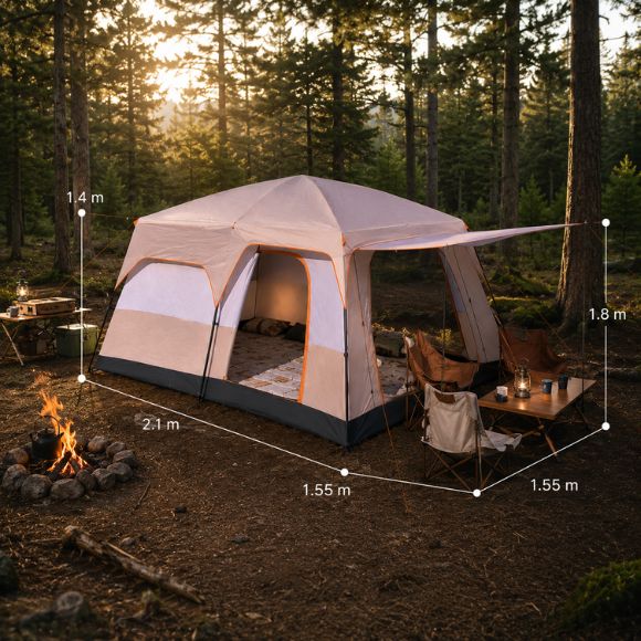 Tente gonflable familiale avec dimensions affichées, installée dans un camping en forêt avec espace de vie couvert, mobilier de camping et feu de camp, idéale pour les séjours confortables en pleine nature.