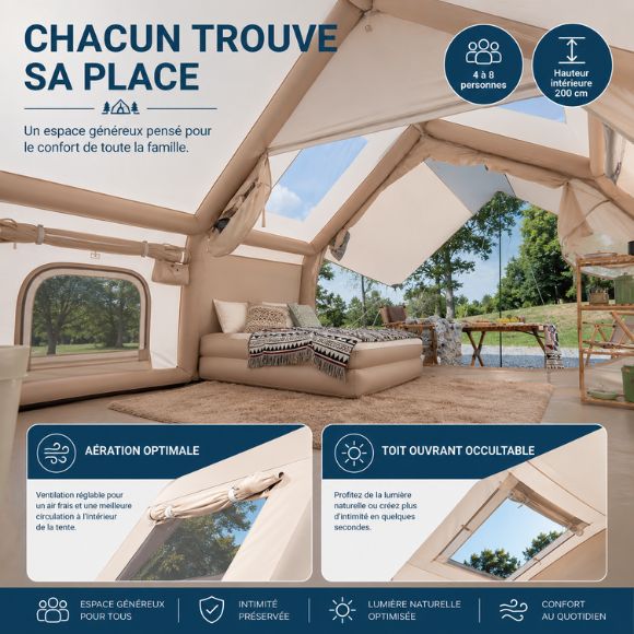 Tente gonflable familiale avec grand espace intérieur lumineux, ventilation réglable et toit ouvrant occultable pour un confort optimal en camping.