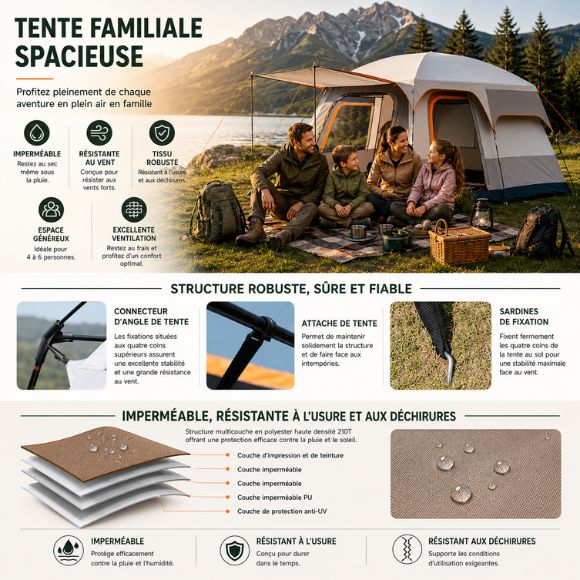 Tente gonflable familiale de camping spacieuse avec structure robuste, tissu imperméable et résistant aux déchirures, idéale pour les séjours en plein air en famille par tous les temps.