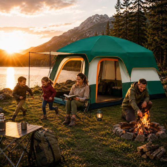 Tente gonflable familiale AirCamp Prestige installée au bord d’un lac
