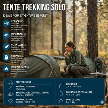 Tente trekking solo TrekNova en forêt avec infographie technique en français et caractéristiques de bivouac.