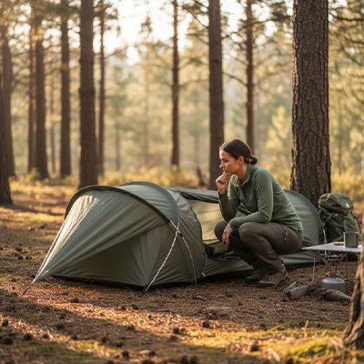 Tente trekking légère avec espace pour sac à dos, idéale pour les randonneurs et les expéditions en autonomie
