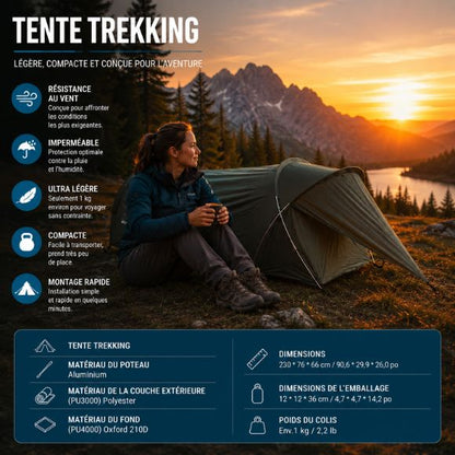 Tente trekking ultra-légère TrekNova avec femme randonneuse au coucher du soleil, abri compact 1 personne pour trek et bivouac