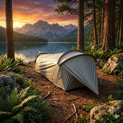 Tente tunnel de trekking TrekNova installée au bord d'un lac de montagne entouré de forêt lors d'un coucher de soleil
