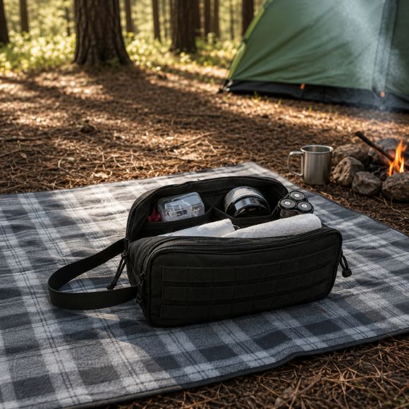Trousse de toilette homme Nomadis noire organisée au bivouac en forêt
