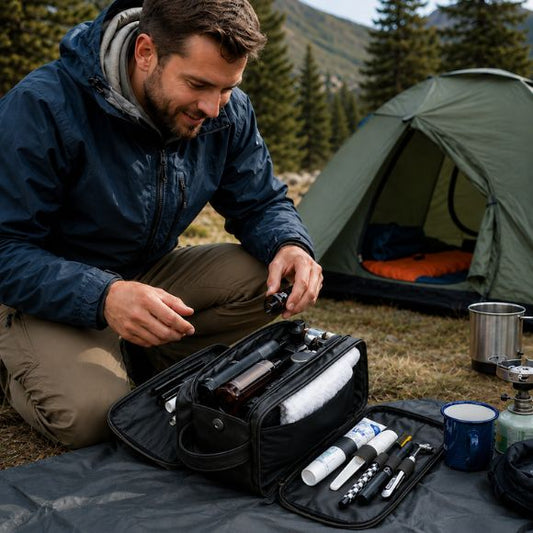 Trousse de toilette Voyagis organisée au bivouac avant une randonnée