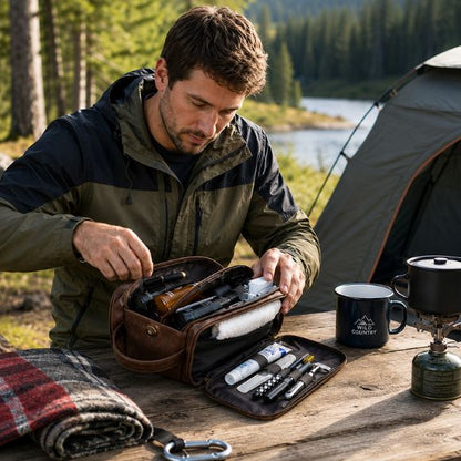 Trousse de toilette Voyagis organisée au camping près du lac