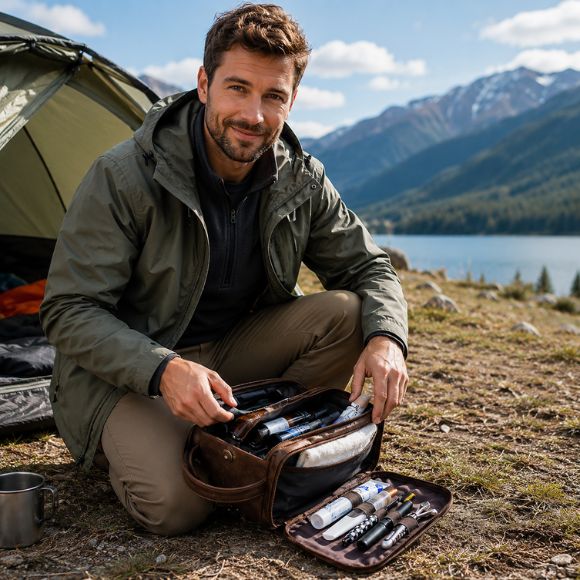 Trousse de toilette Voyagis homme souriant organise ses essentiels au camping