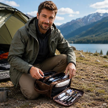 Trousse de toilette Voyagis homme souriant organise ses essentiels au camping