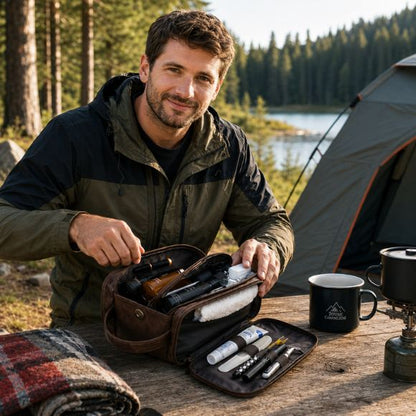 Trousse de toilette Voyagis homme satisfait organise ses essentiels au camping