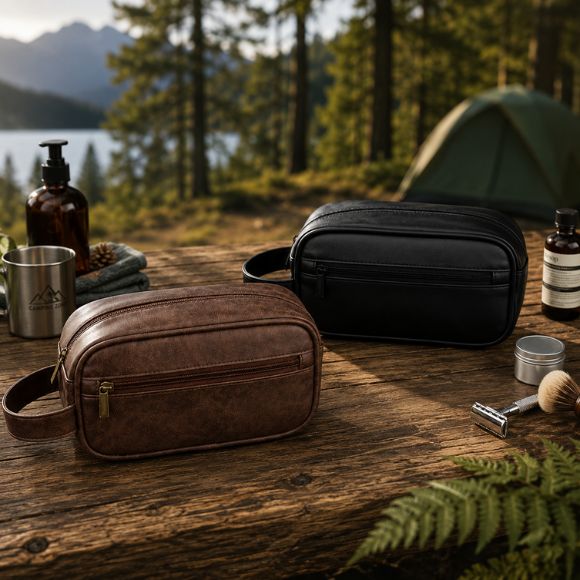 Trousse de toilette Voyagis noire et marron sur table de camping